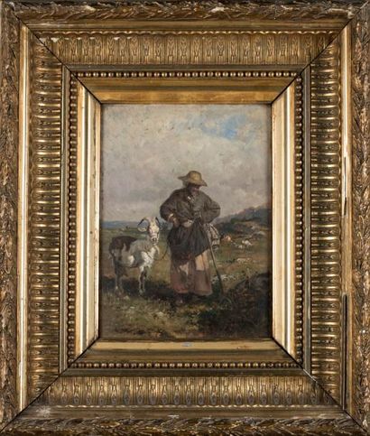*Louis GUY (1824-1888) Bergère et sa chèvre.
Huile sur panneau, signée et datée 1880...