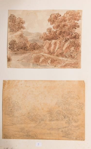 ECOLE FRANCAISE DU XIXème siècle Lot de cinq dessins, un cachet P. Révoil.