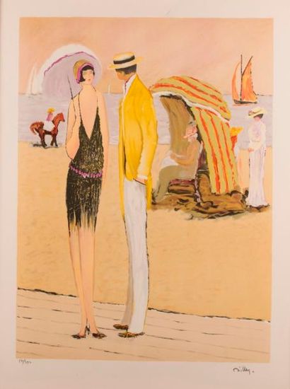 null Ramon DILLEY (1933). Couple sur la plage. Lithographie couleur. Signée et numérotée...
