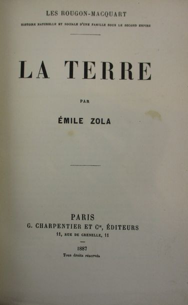 ZOLA (Emile). La terre. Paris, Charpentier, 1887. In-12, chagrin brique, dos à nerfs,...