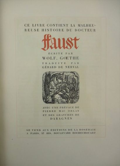 GOETHE. Faust. Paris, La Roseraie, 1924. In-4°, bradel demi maroquin chocolat à coins,...