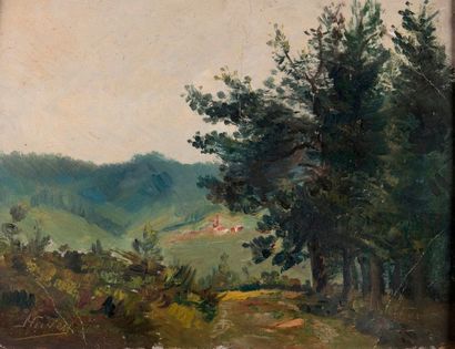 null Louis HUVEY (1868-1954). Vallée et arbres. Huile sur papier marouflée sur carton,...