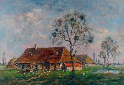 null Julien DURIEZ (1900-1993). Ferme bressane à Lassard en Bresse, 1970. Huile sur...