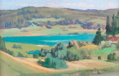 null Emile WEGELIN (1875-1962). Vue du lac Narlay, Jura 1947. Gouache, non signée....