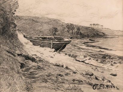 null Gaston POTTIER (1885-1980). Barque sur la plage. Crayon, cachet d'artiste en...