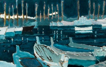 null Michel TERRASSE (1928). Nocturne: bateaux, le port. Aquarelle, signée en bas...