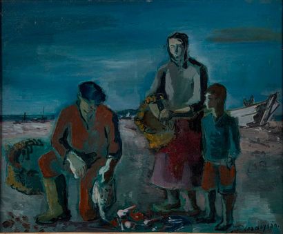 null Marcel CRAMOYSAN (1915-2007). Pêcheur sur une plage. Huile sur toile, signée...