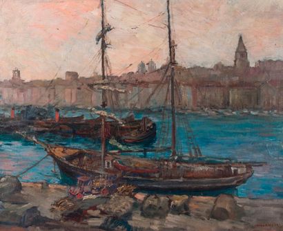 null Gustave VILLAMEUR (XX). Marseille, le vieux port. Huile sur toile, signée en...