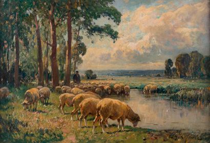 null Charles LEFEVRE (1875-?). Berger et ses moutons autour d'une mare. Huile sur...