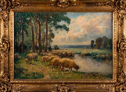 null Charles LEFEVRE (1875-?). Berger et ses moutons autour d'une mare. Huile sur...