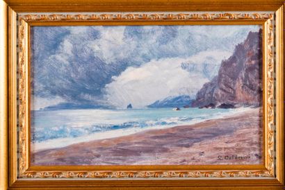 null Luigi CALDERINI (1880/81-1973). La plage sous l'orage. Huile sur papier marouflée...