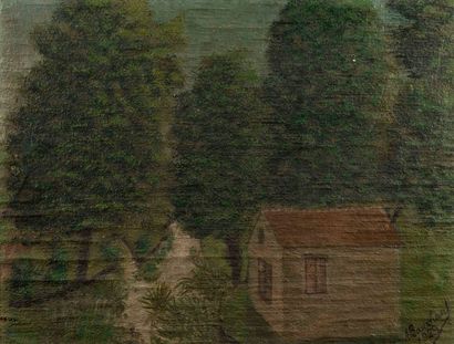 null André BAUCHANT (1873-1958). "Maison dans les bois". Huile sur panneau d'isorel,...