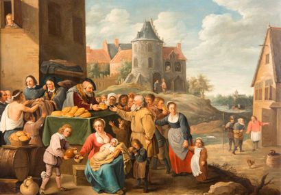 Ecole flamande du XVIIème siècle Les oeuvres de Miséricorde.
Huile sur cuivre, 56x79...