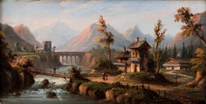 E. FABRE (XIXème siècle) Paysage de montagne et cascade animé.
Huile sur panneau,...