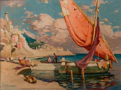 Émile BEAUSSIER (1874-1944) Port de pêche en Italie.
Huile sur panneau, signée en...