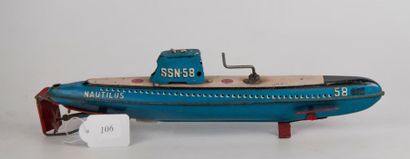 null MARUSAN TOY. Sous-marin NAUTILUS SSN 58 mécanique en tôle lithographiée bleue...