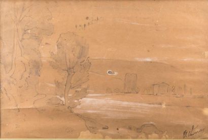 null François VERNAY (1821-1896). Paysage au bord de rivière. Dessin à l'encre et...