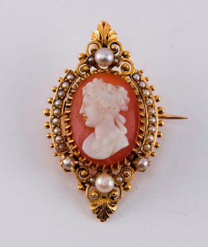 null Petite broche ovale en or jaune, camée agate et perles fines. XIXème siècle....