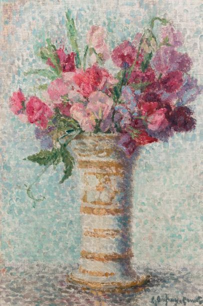 null Suzanne AUFRAY GENESTOUX (XIX-XXème). Bouquet de roses dans un vase. Huile sur...