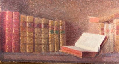 null Suzanne AUFRAY GENESTOUX (XIX-XXème). L'étagère des livres. Huile sur carton,...