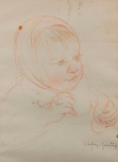 null Suzanne AUFRAY GENESTOUX (XIX-XXème). Portrait d'enfant. Sanguine et crayons,...