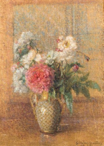 null Suzanne AUFRAY GENESTOUX (XIX-XXème). Bouquet de pivoines au vase en porcelaine....