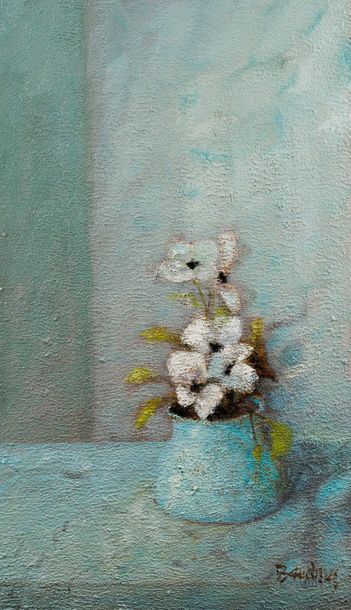 null Jean BAUCHESNE (1924). "Fleurs blanches". Huile et sable sur toile, signée en...