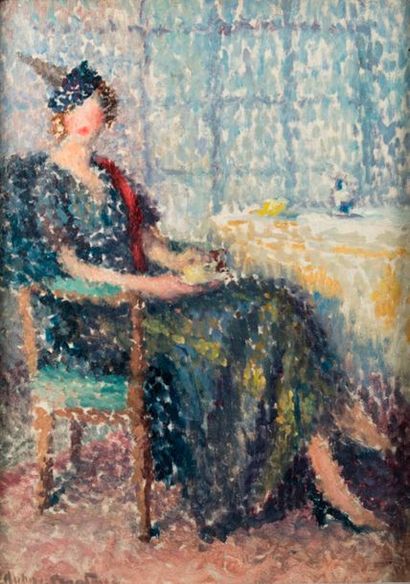 null Suzanne AUFRAY GENESTOUX (XIX-XXème). Femme assise, l'heure du thé. Huile sur...