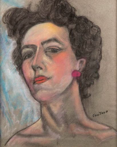 null Lucien COUTAUD (1904-1977). Portait de femme brune aux clips d'oreilles. Pastel,...