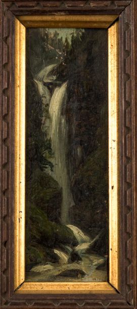 null Ecole du XIXe siècle. Cascade. Huile sur panneau. 11,5x4 cm.