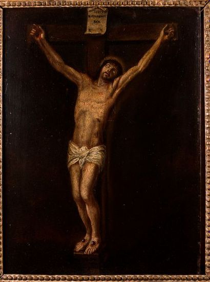 null Ecole Française du XIXème siècle. Le Christ agonisant sur la croix. Huile sur...