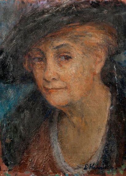 null Ecole Française. Portrait de femme au chapeau. Huile sur toile, signée en bas...