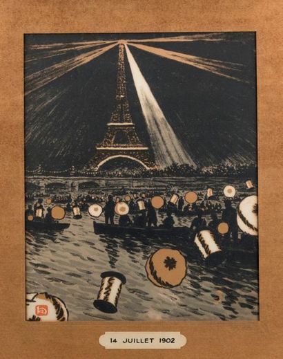 null 14 Juillet 1902, la Tour Eiffel. Lithographie couleur, monogrammée, encadrée....