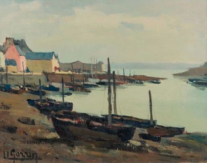 null Ulysse GORRIN (1884-1965). Port de pêche à marée basse, Bretagne. Huile sur...