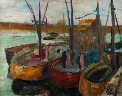 null Jean HÉBERT-STEVENS (1888-?). Port de pêche. Huile sur toile, signée en bas...