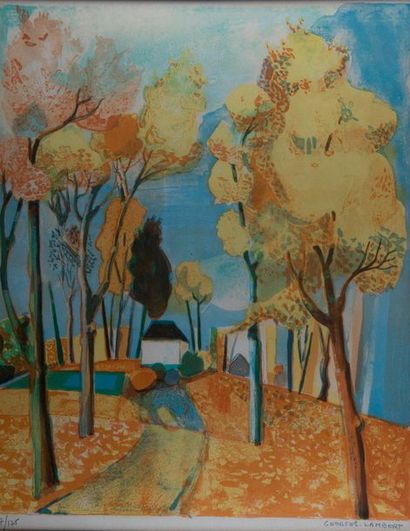 null Georges LAMBERT (1919-1998). Paysage d'automne. Lithographie couleur, signée...