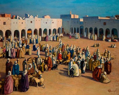 null Maurice BOUVIOLLE (1893-1971). La place de Ghardaïa. 1936. Huile sur toile....