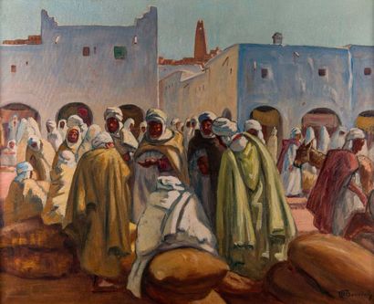 null Maurice BOUVIOLLE (1893-1971). "Ghardaïa, le marché aux sacs". 1937. Huile sur...