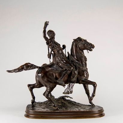 null Pierre-Jules MENE( 1810 - 1879). Fauconnier arabe à cheval. Bronze ciselé, patiné...
