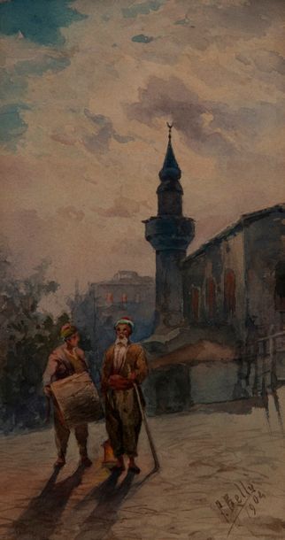 null *Philippe BELLO (1831-1911). Minaret et Vieille rue Turquie? Deux aquarelles,...