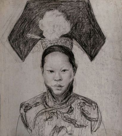 null Ecole Cambodgienne du XXème siècle. Portrait de femme. Mine de plomb sur papier....