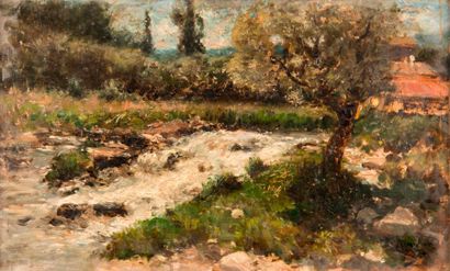 null Adolphe APPIAN (1818-1998). Rivière au printemps Huile sur panneau, signée en...