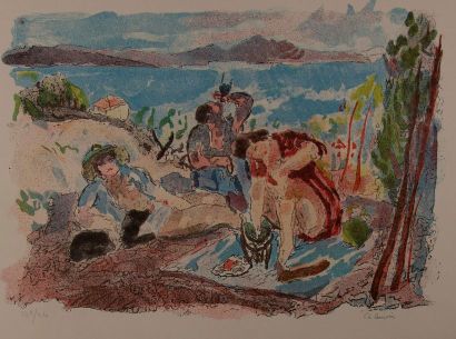 null Charles CAMOIN (1879-1965). Pique nique devant la baie. Lithographie couleur....