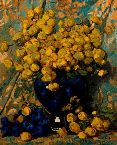 null Joseph COMMUNAL (1876-1962). Bouquet de fleurs jaunes. Huile sur panneau, signée...