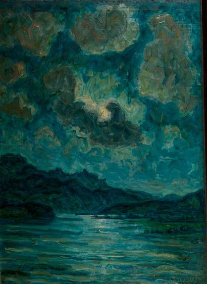 null Germain DAVID-NILLET (1861-1932). Lac d'Annecy, clair de lune. 1909. Huile sur...