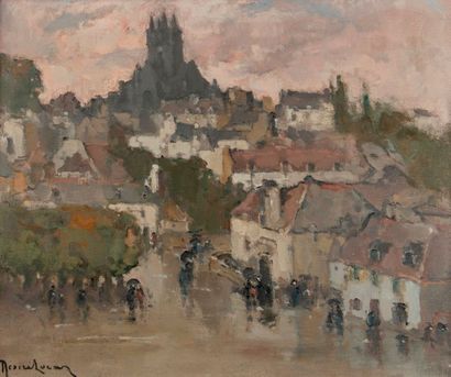 null Louis Marie DESIRÉ-LUCAS (1869-1949). Quimperlé sous la pluie. Huile sur toile,...