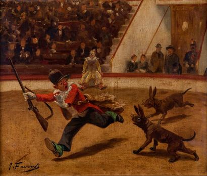 null Joseph FAVEROT (1862-1915). Scène de cirque. Huile sur toile, signée en bas...