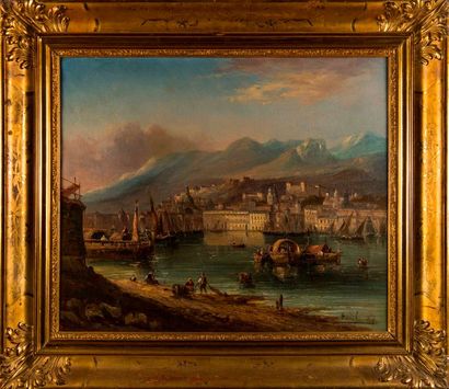 null André FONECHE (1851-1942). Le port de Naples. Huile sur toile, signée en bas...