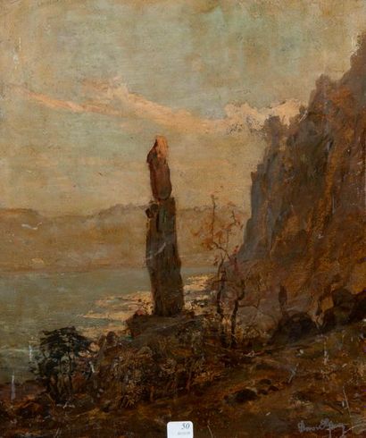 null David GIRIN (1848-1917). Paysage bord de rivière. Huile sur panneau, signée...