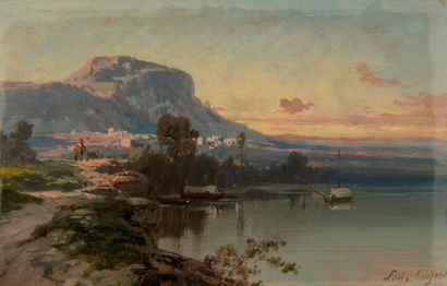 null Louis GUY (1824-1888). Paysage de Lac Italien. Huile sur carton, signée en bas...